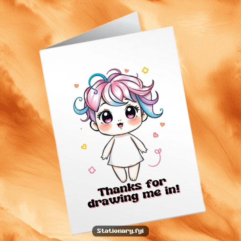 Funny free printable thank you card with a cheerful marker character drawing beautiful, colorful swirls to express gratitude.