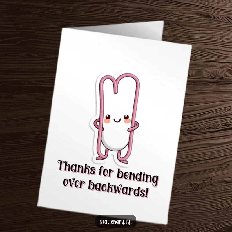 Funny Free Printable Thank You Card: A kawaii paperclip character bending creatively to express heartfelt thanks, a unique gift.