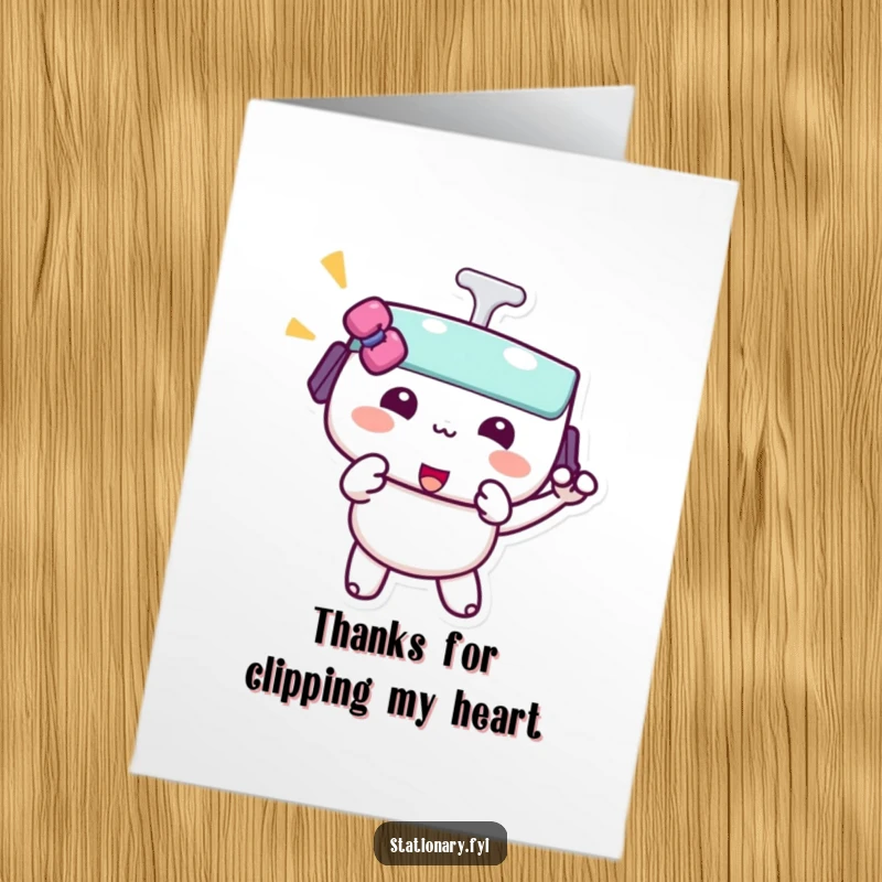 Free Printable Thank You Card: A kawaii binder clip character does a gentle, playful pinch, a cute way to express thanks.