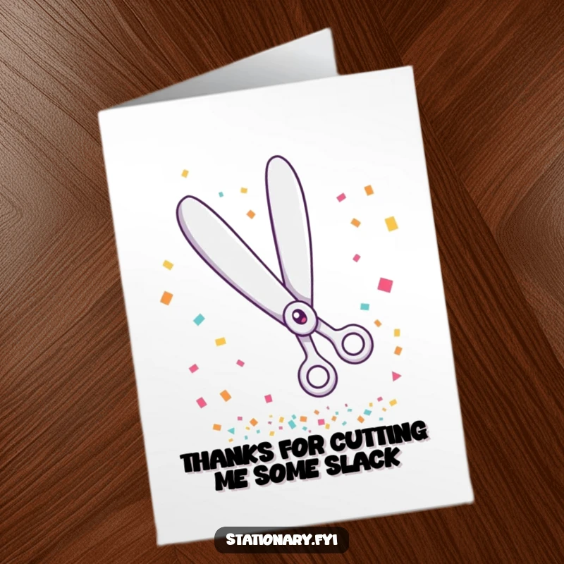 Funny Free Printable Thank You Card: A giggling pair of scissors cuts through paper, scattering confetti for a humorous thank you.