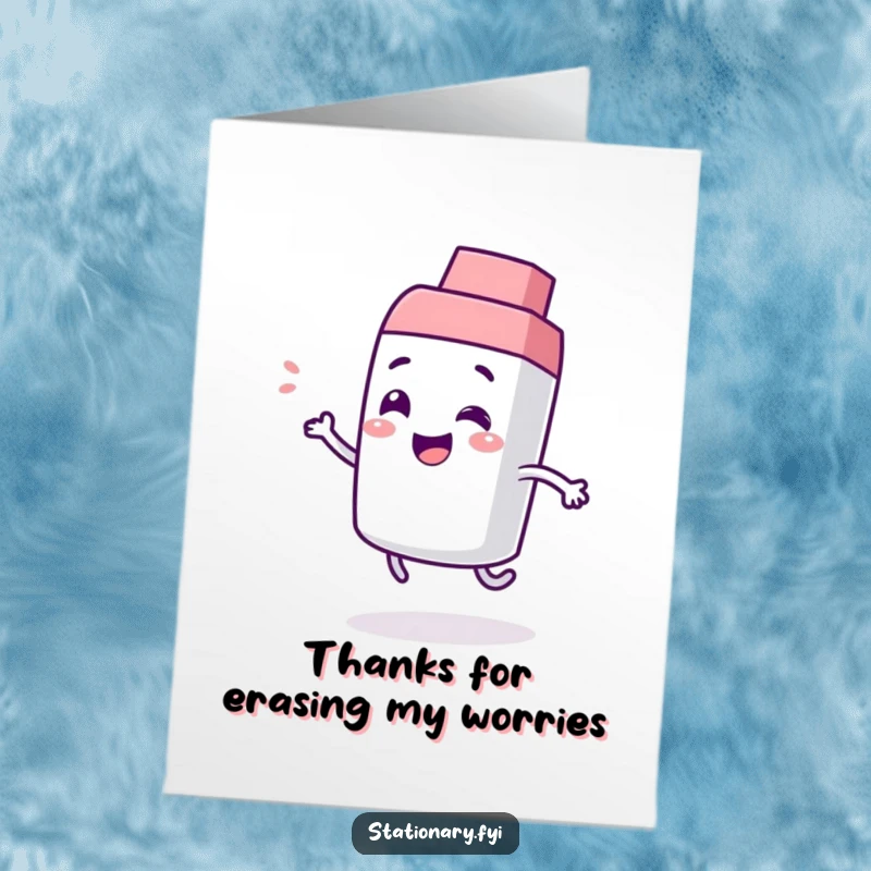 Funny Free Printable Thank You Card: A cute, giggling eraser character bouncing energetically to express thanks.