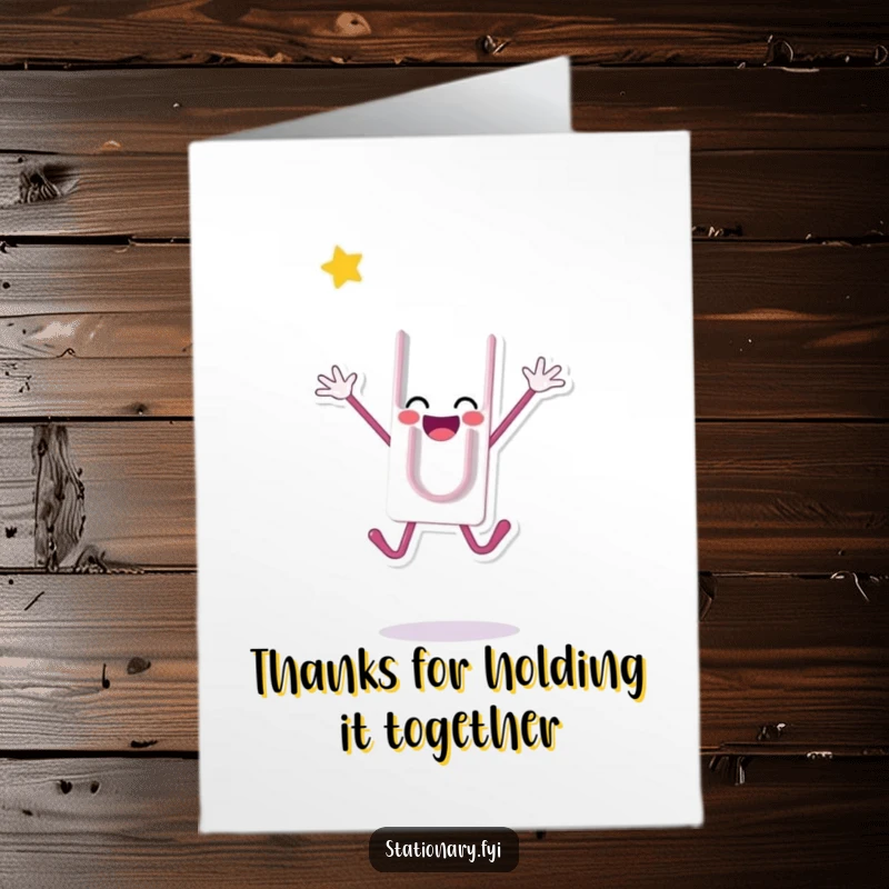 Funny Free Printable Paperclip Thank You Card, a paperclip character leaping with joy to express sincere gratitude.