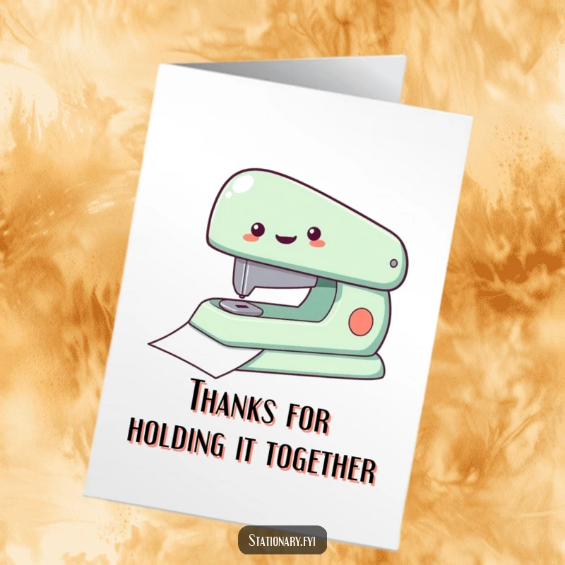 Funny Free Printable Thank You Card of a delighted stapler fastening papers together with thanks.