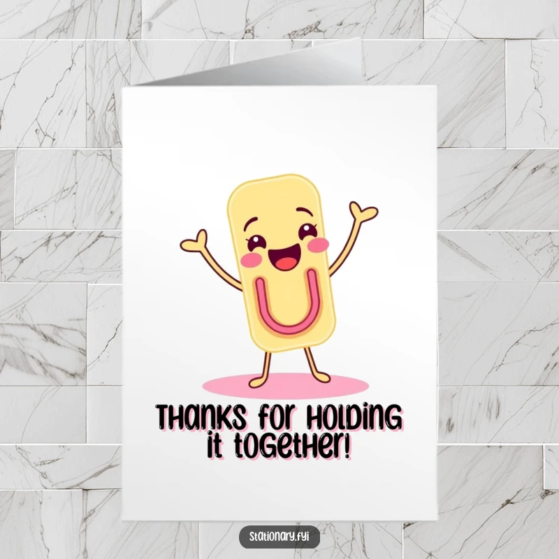 Funny Free Printable Thank You Card: Joyful paper clip character doing a happy shimmy, expressing thanks.