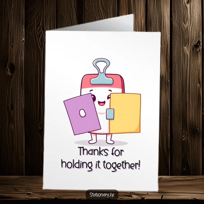 Funny Free Printable Kawaii binder clip character securing papers, offering a humorous thank you. Perfect for office appreciation.