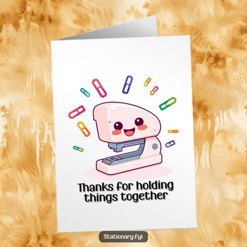 Funny Free Printable Thank You Card: A smiling stapler juggling colorful paper clips to show thanks.
