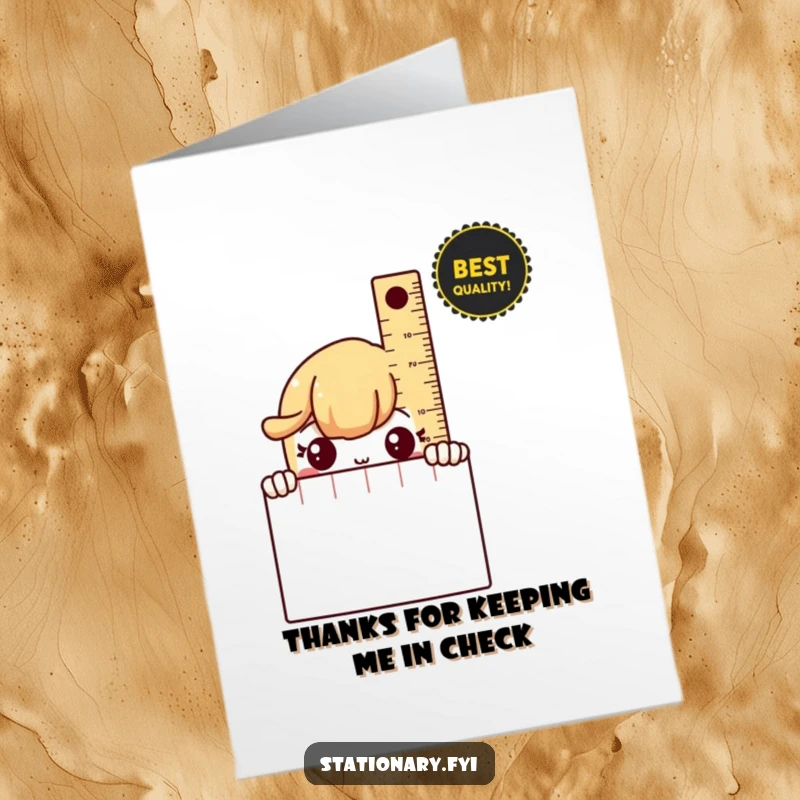 Funny Free Printable Thank You Card: A shy ruler peeking from a notebook, expressing gratitude softly.