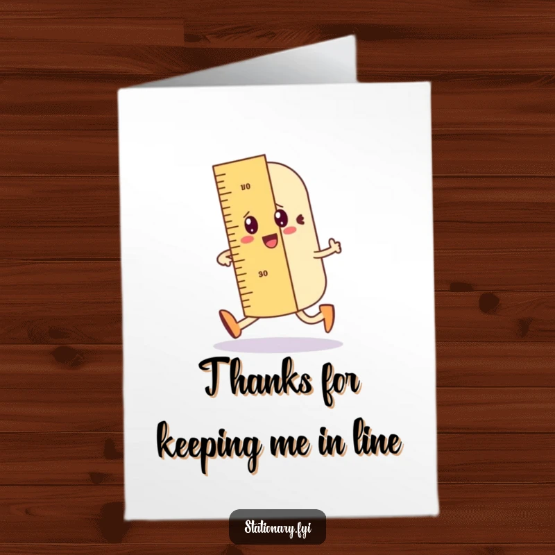 Funny Free Printable Thank You Card featuring a wobbly ruler character jauntily walking and drawing a straight line.