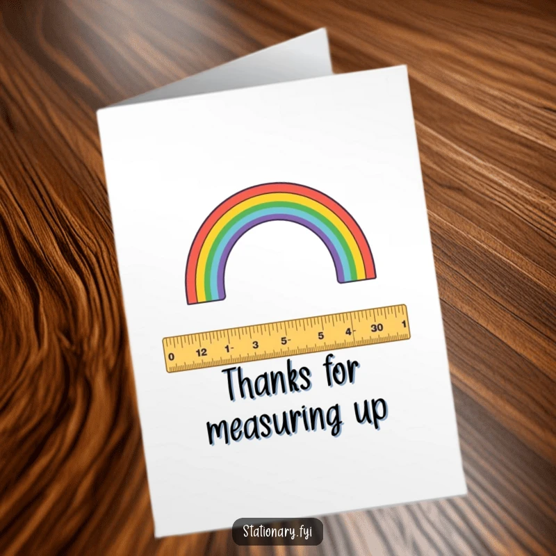 Funny Free Printable Thank You Card: A playful ruler measures a rainbow arc, offering thanks with geometric charm. Downloadable art.