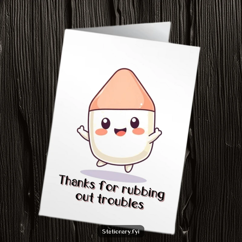 Funny Free Printable Thank You Card: A kawaii eraser character bounces enthusiastically, conveying humorous thanks with every hop.