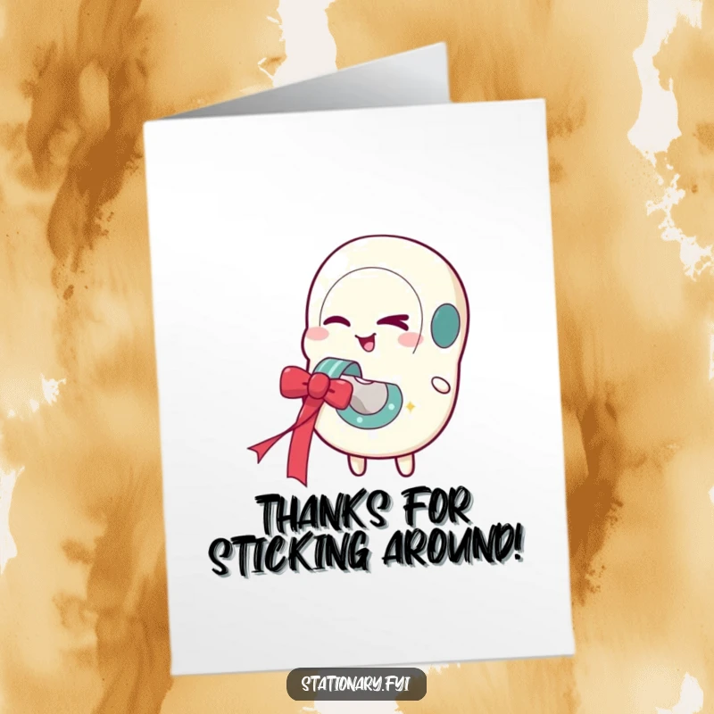 Funny free printable thank you card featuring a winking tape dispenser character presenting a festive ribbon as a token of appreciation.