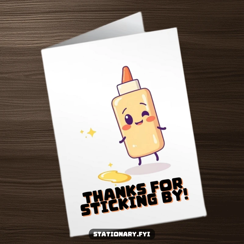 Funny Free Printable Glue Stick Thank You Card: Giggling glue stick leaves a sparkling trail, showing thanks.