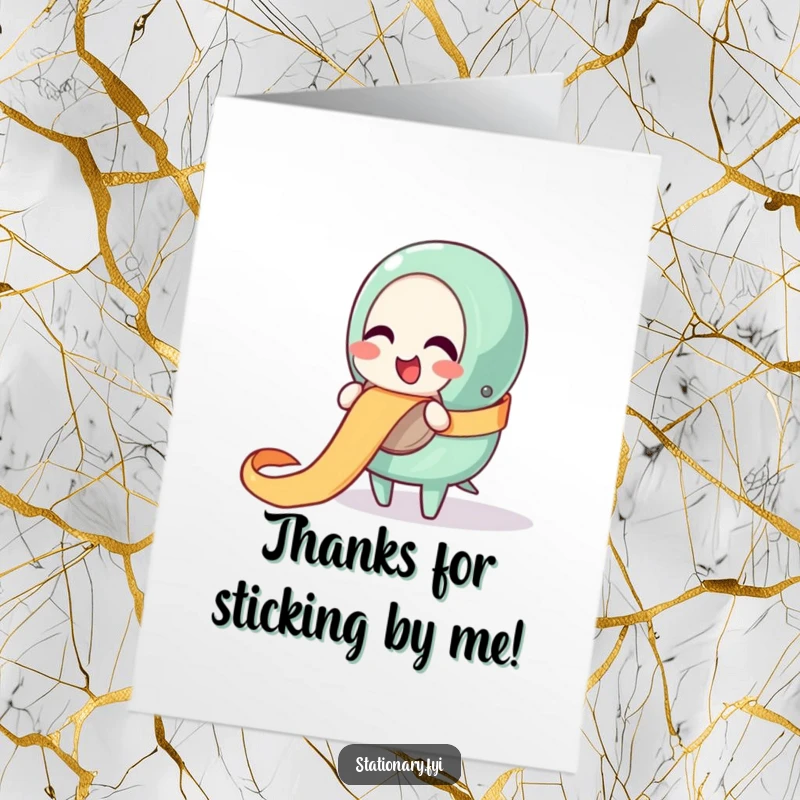 Funny Free Printable Thank You Card: Giggling tape dispenser character unraveling a festive ribbon, expressing thanks.