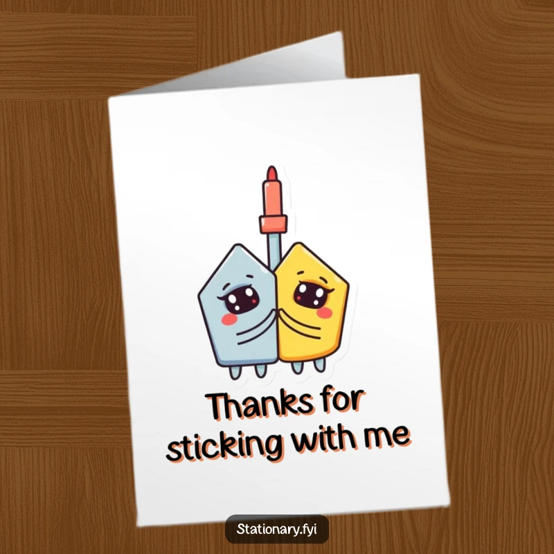 Funny Free Printable Thank You Card: A curious glue stick joins two shapes, representing how thoughts stick together. Downloadable art.