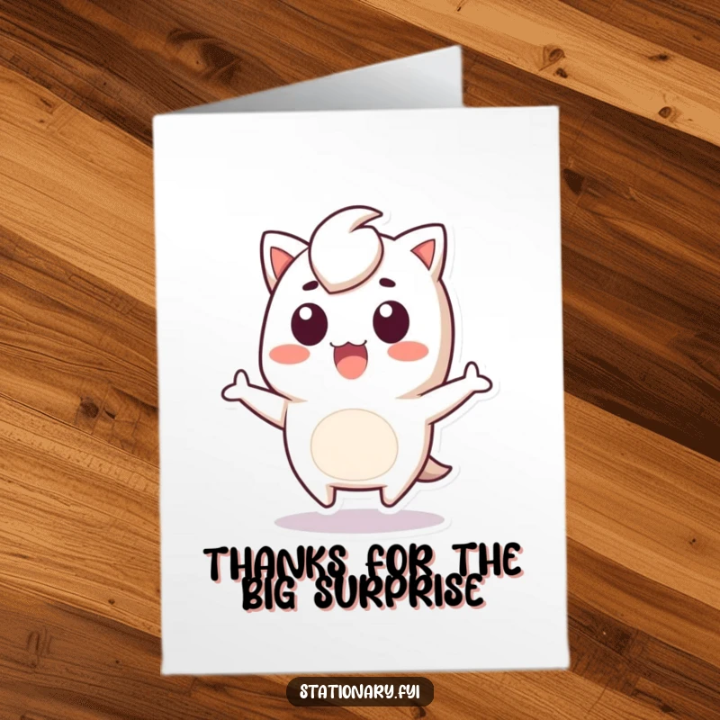 Funny Free Printable Thank You Card showing a Kawaii staple remover character leaping in surprise, a quirky way to say thanks.