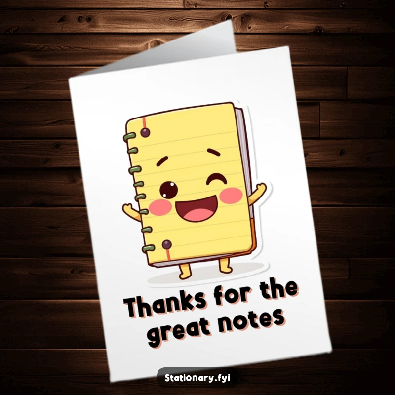 Funny Free Printable Thank You Card: A wobbly notebook character wearing a wide, friendly smile, perfect for thanks.