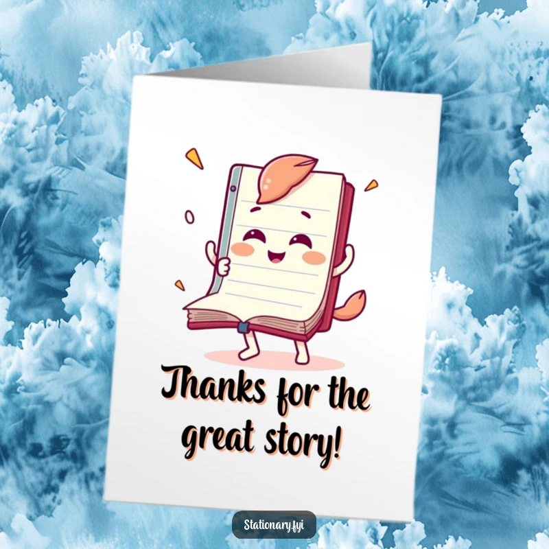 Funny free printable thank you card showing a happy notebook character enthusiastically flipping through its own pages to convey thanks.