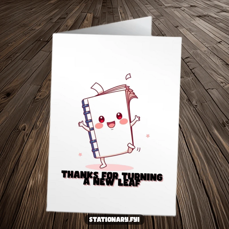 Funny Free Printable Thank You Card: A cartwheeling Kawaii notebook sends thanks flying with its pages. Print and give!