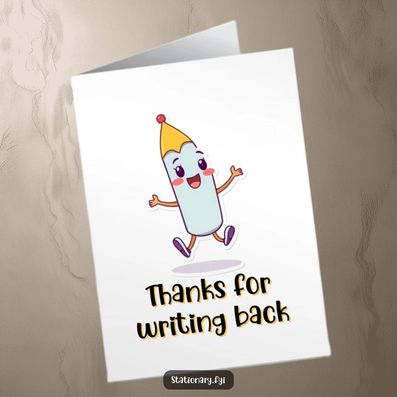 Funny Free Printable Thank You Card: A cheerful pen character does a joyful skip, offering humorous thanks with a flourish.