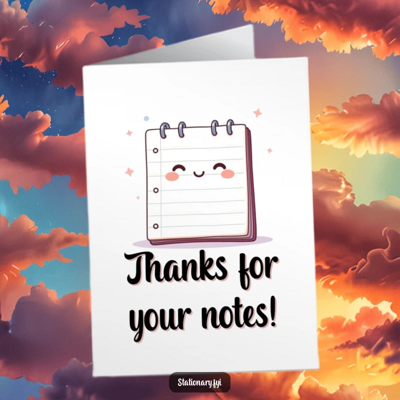Funny Free Printable Thank You Card with a happy notepad whose pages are gently flapping, conveying thanks with a light touch.