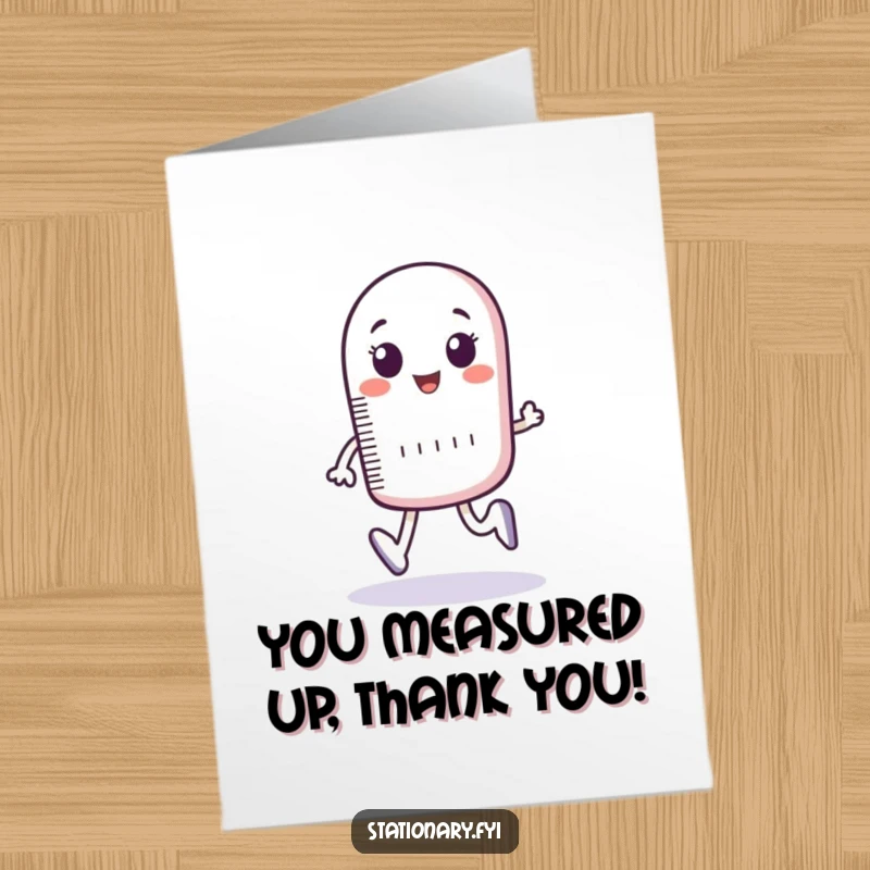 Funny Free Printable Thank You Card: Bouncing ruler character measuring imaginary steps, expressing thanks humorously.