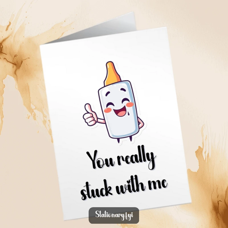 Funny Free Printable Glue Stick Thank You Card: Giggling character giving a thumbs up, expressing thanks. Downloadable.