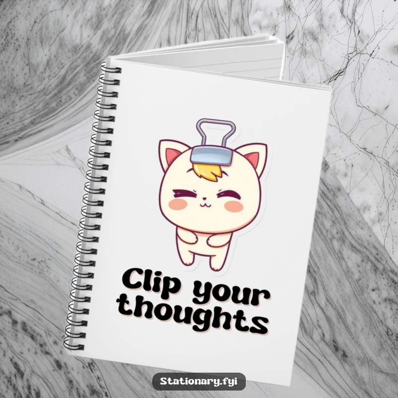 Funny notebook featuring a mischievous binder clip character playfully winking, ideal for organizing notes and ideas.