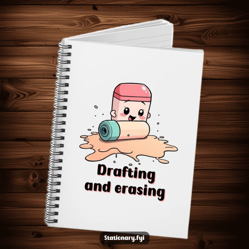 Funny notebook cover featuring a frantic eraser rolling to clean a giant ink spill, perfect for jotting down brilliant (or messy) ideas.