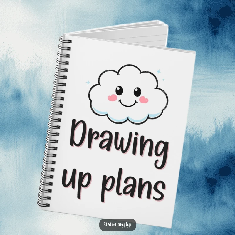 Funny Kawaii marker character drawing a smiley cloud on a notebook cover, inspiring creativity.