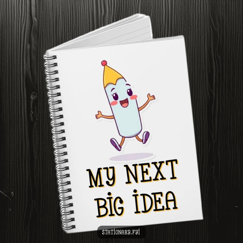 Funny cheerful pen notebook with a character doing a joyful skip with a flourish, perfect for creative note-taking and humorous journaling.