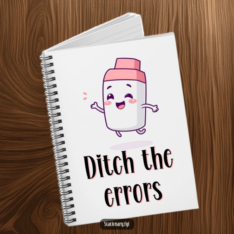 Funny notebook showcasing a giggling eraser character bouncing playfully, ideal for taking notes or journaling with a humorous stationery theme.