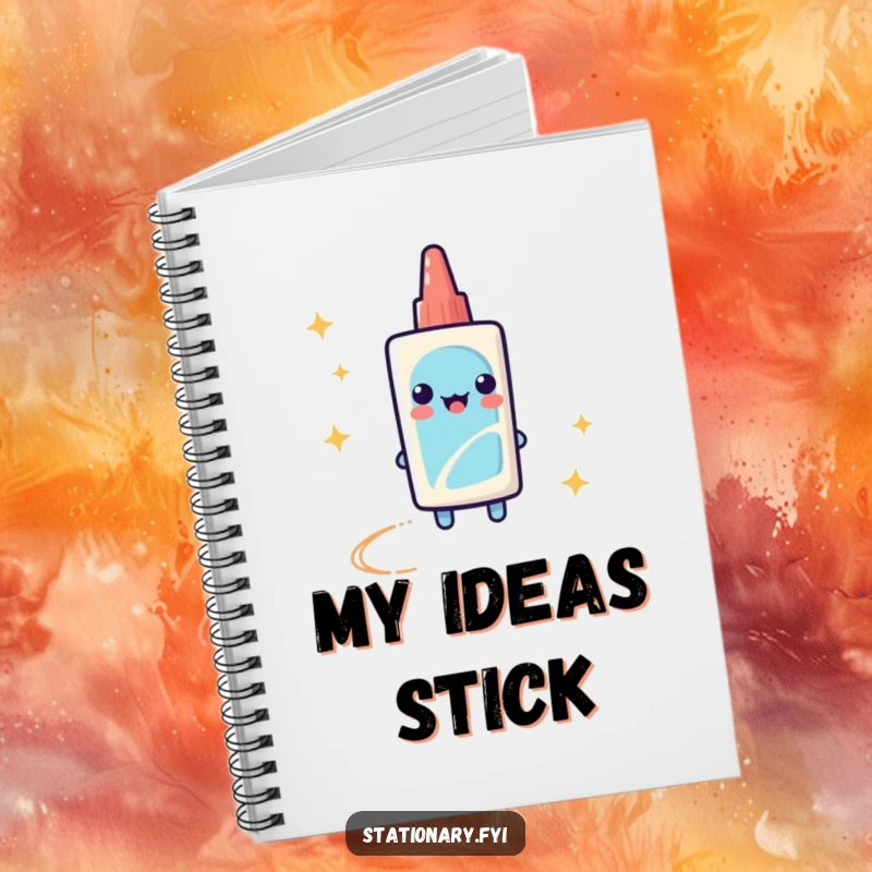 Funny Notebook with a playful glue stick leaving a sparkly trail, perfect for creative note-taking.