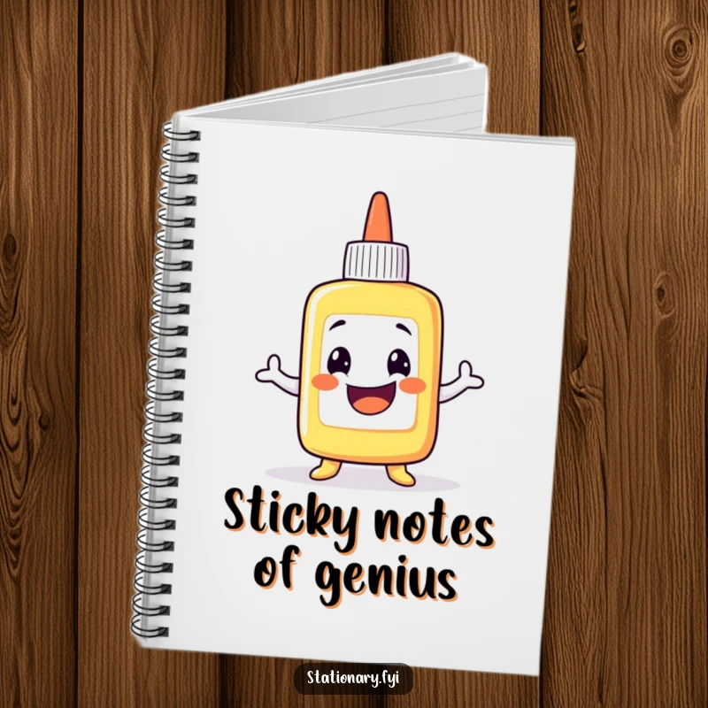 Funny Notebook: A grinning glue bottle character dancing, perfect for note-taking and organizing thoughts with a humorous, sticky design.
