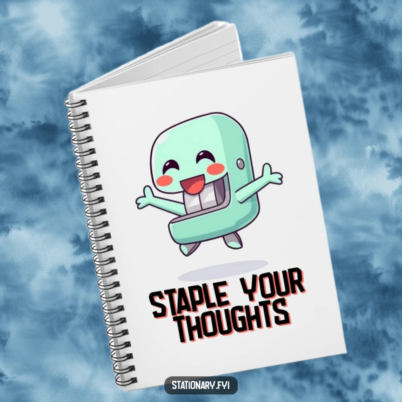 Funny notebook showcasing a happy stapler character doing a cheerful jump, ideal for note-taking or journaling with an office supply theme.
