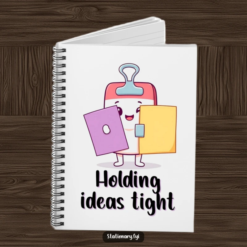 Funny Kawaii binder clip character excitedly holding papers on a notebook cover, ideal for funny office supplies.