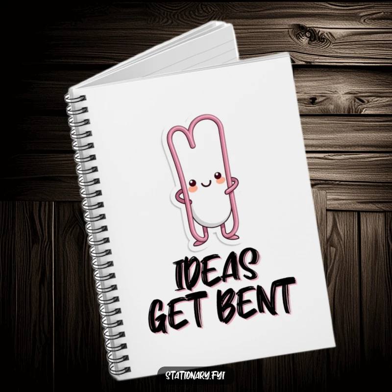 Funny kawaii paperclip character bent into an amusing shape on this humorous notebook cover.