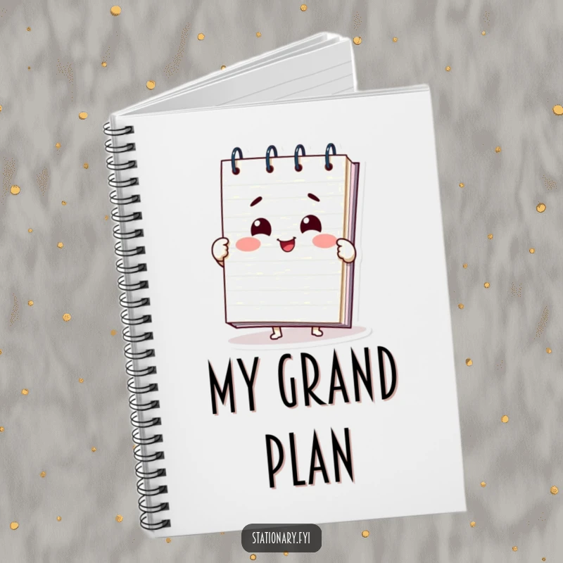 Funny notepad notebook featuring a delighted character unfurling its pages with a smile, perfect for jotting down ideas humorously.