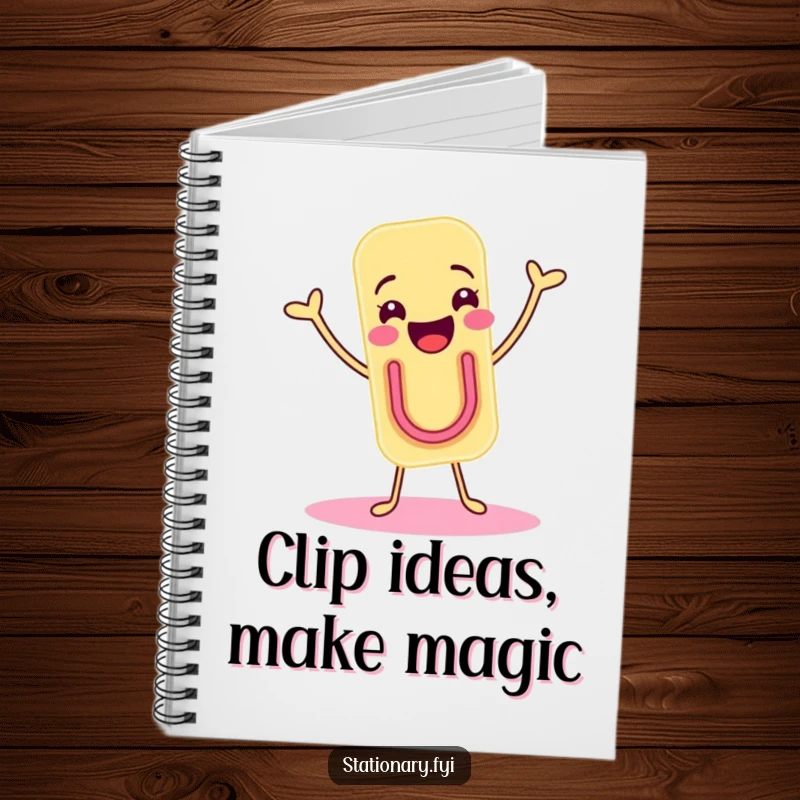 Funny notebook with a joyous paper clip character doing a lively shimmy, perfect for jotting down creative and happy thoughts.