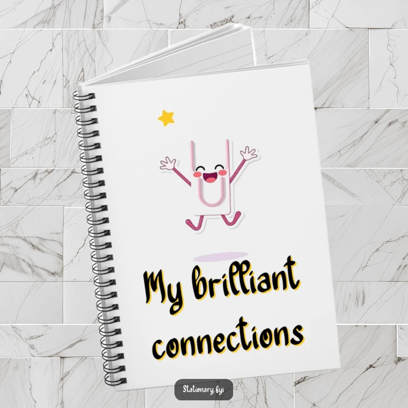 Funny notebook with a happy paperclip character jumping, great for jotting down ideas, notes, and plans, a thoughtful funny gift.