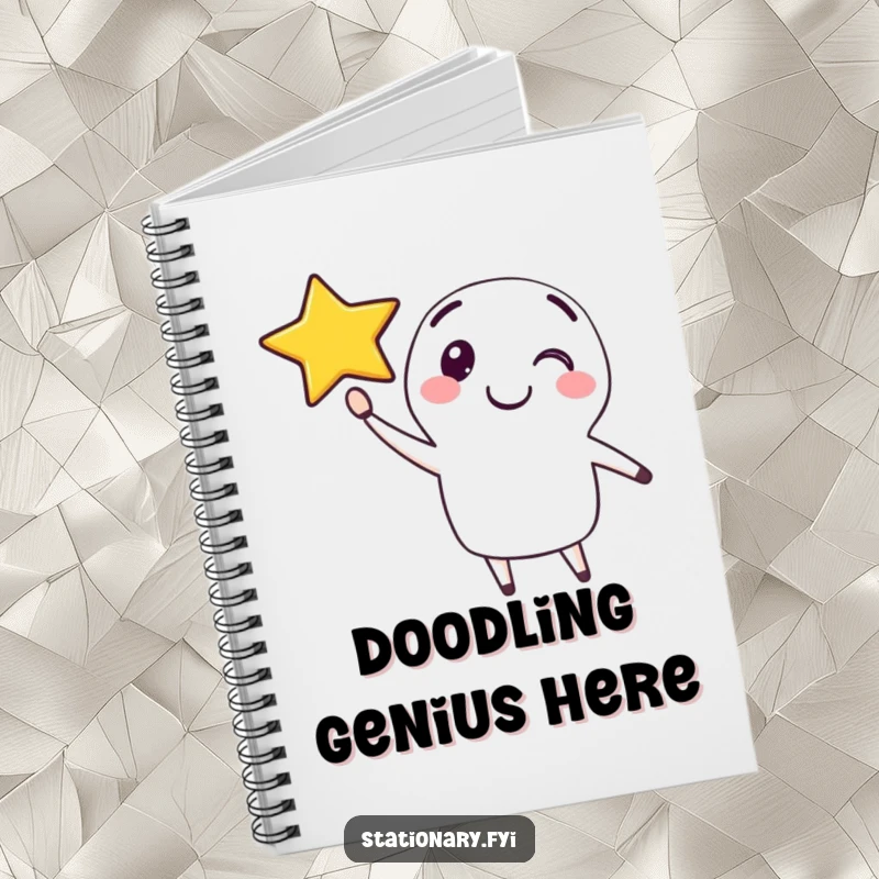 Funny notebook featuring a happy pen character drawing a smiling star in the air, ideal for creative writing.