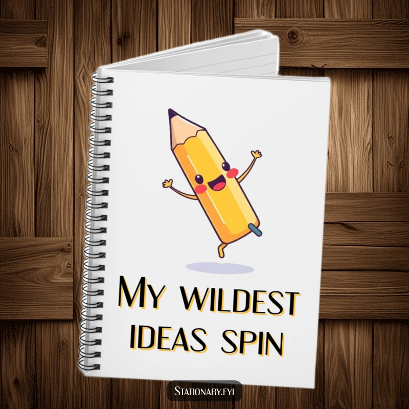 Funny Notebook with a pencil cartwheeling and an eraser, designed for jotting down notes with amusement.