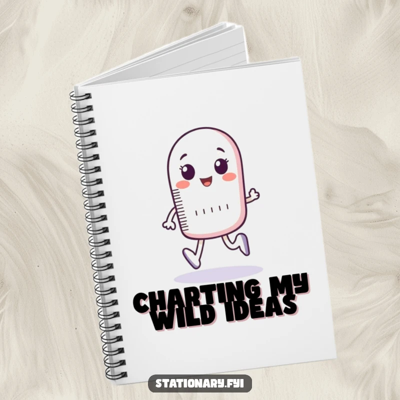 Funny notebook with a bouncing ruler character humorously measuring imaginary footsteps, perfect for organized notes and ideas.