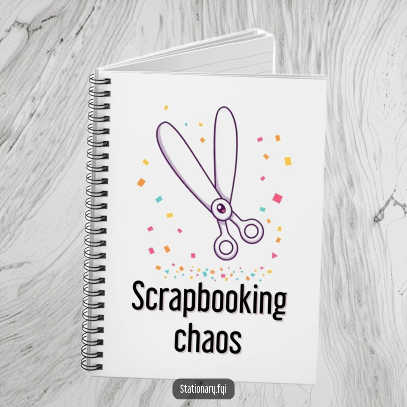 Funny notebook featuring giggling scissors cutting confetti, ideal for jotting down party plans and doodles.