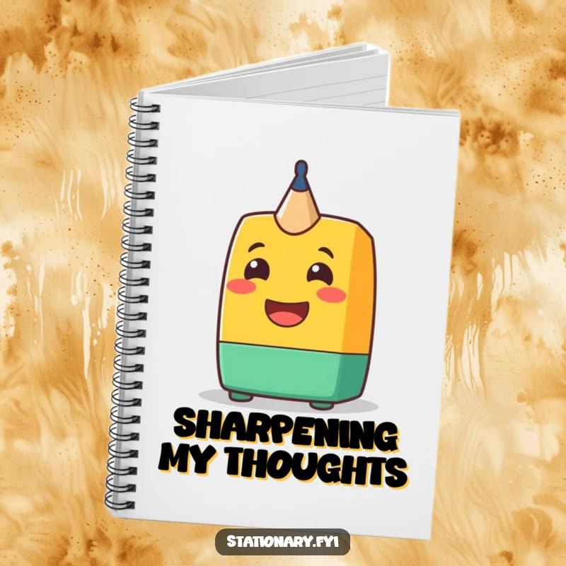 Funny Notebook: A cheerful pencil sharpener character with a big grin, perfect for note-taking and organizing thoughts with a humorous, sharp design.