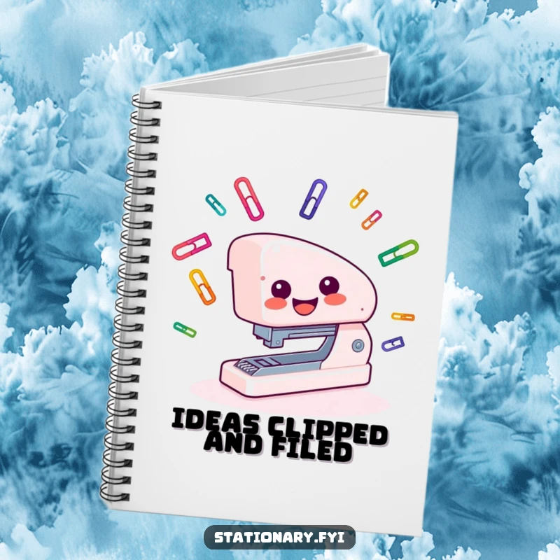 Funny Notebook with a smiling stapler juggling colorful paper clips, perfect for jotting down notes with amusement.
