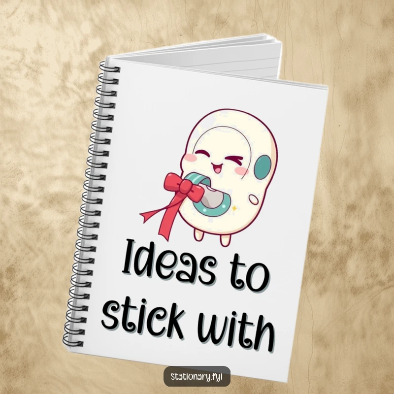 Funny notebook with a winking tape dispenser character dispensing a festive ribbon, perfect for jotting down humorous notes.