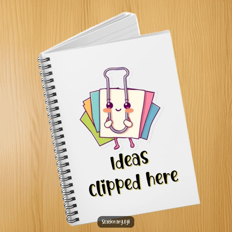 Funny notebook: A happy paperclip holds colorful papers, ready to hold your organized thoughts.