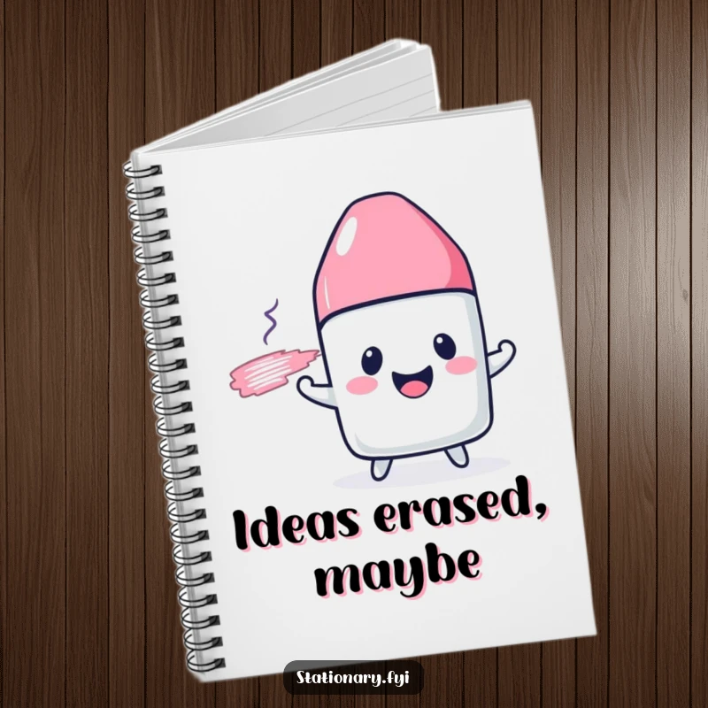Funny notebook with a cheerful eraser character smudging a drawn line, perfect for creative note-taking.