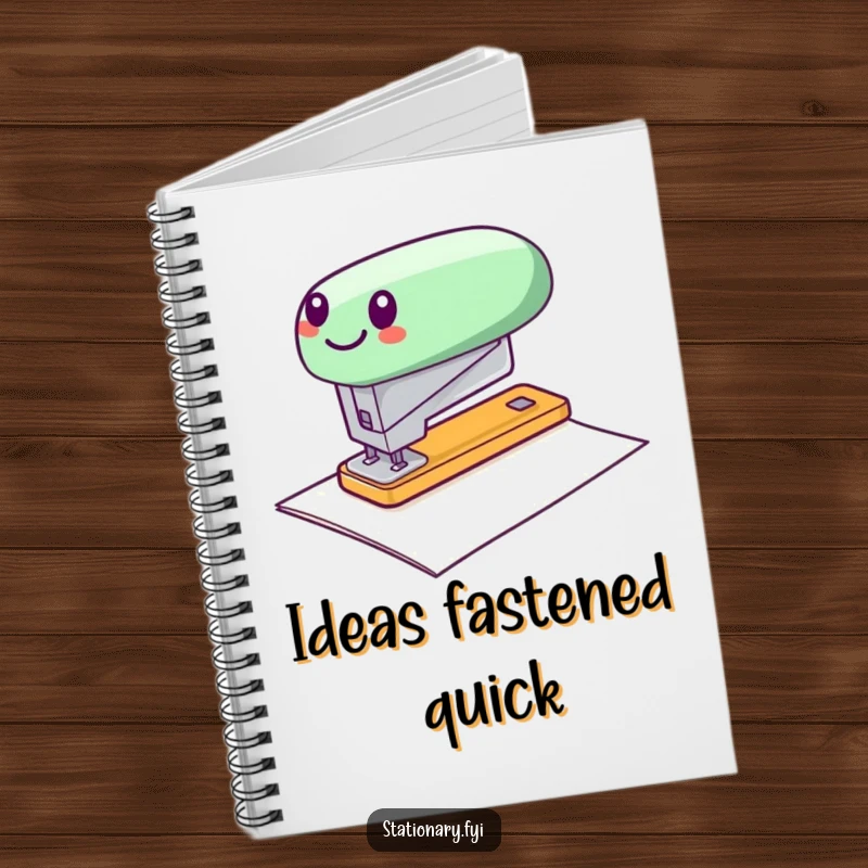 Funny notebook featuring a cheerful stapler zipping across paper, ideal for jotting down quick ideas.
