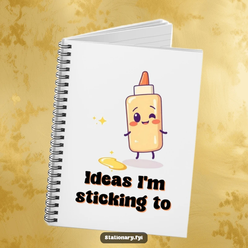 Funny glue stick notebook with a giggling glue stick leaving a sparkly, sticky trail. Ideal for note-taking.